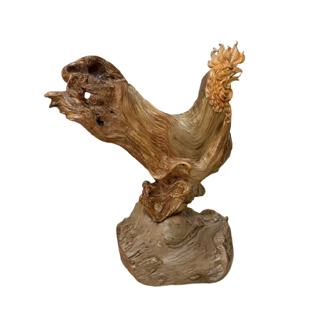 天然木 職人手彫り 木彫像「雄鶏」- 室内装飾品・伝統工芸