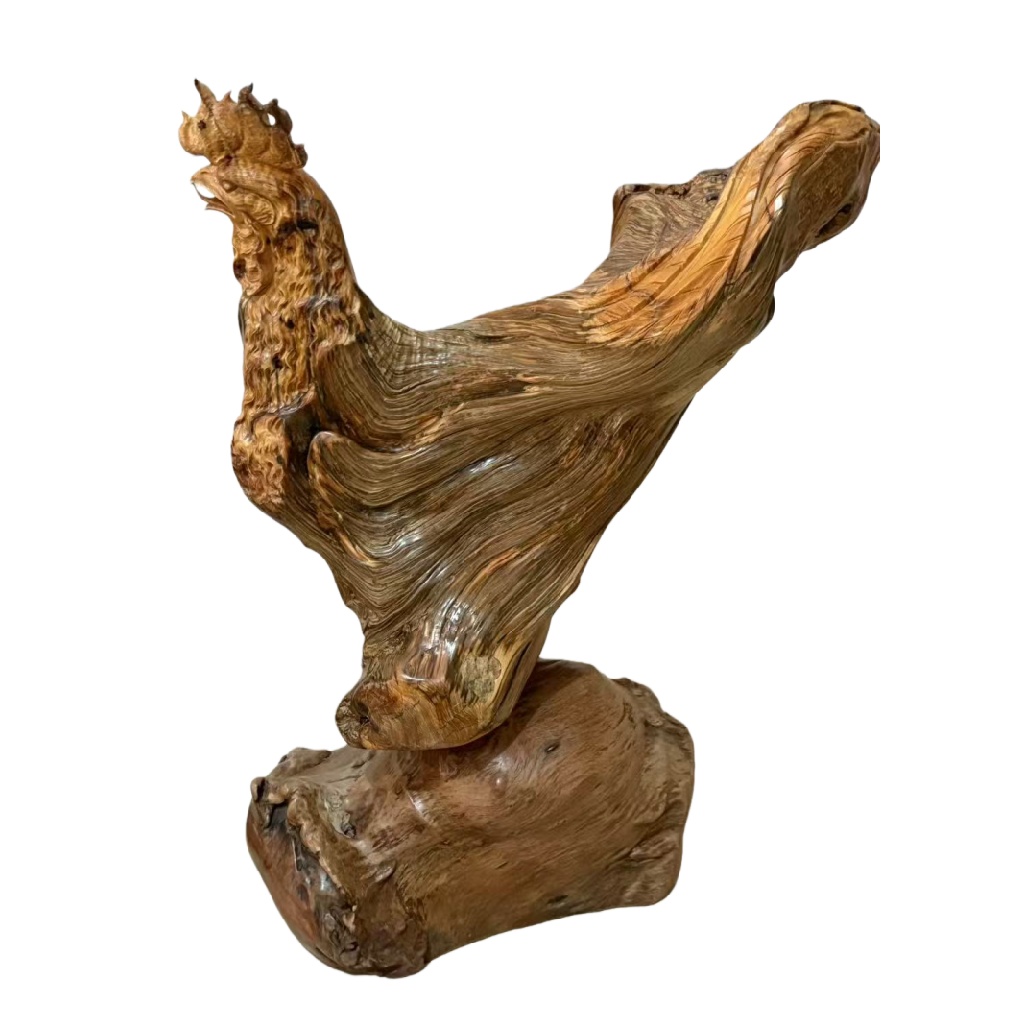 天然木 職人手彫り 木彫像「雄鶏」- 室内装飾品・伝統工芸