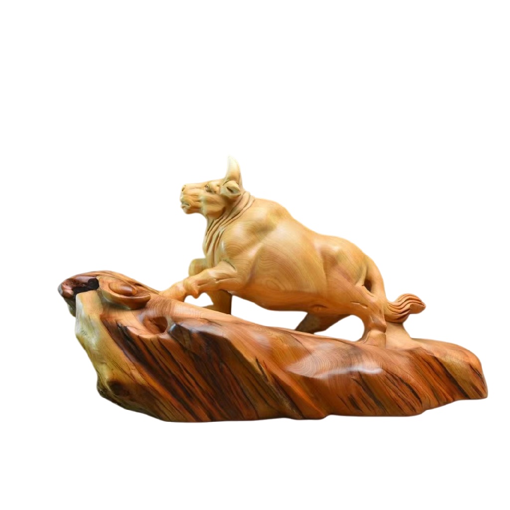 天然木 職人手彫り 木彫像「牛」- 室内装飾品・伝統工芸