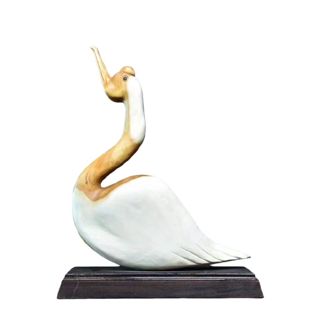 天然木 職人手彫り 木彫像「白鳥」- 室内装飾品・伝統工芸