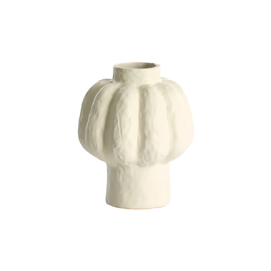 Contemporary Abstract Textured Ceramic Vase - Matte White Ribbed Pedestal Flower Pot-dawnandy.shop