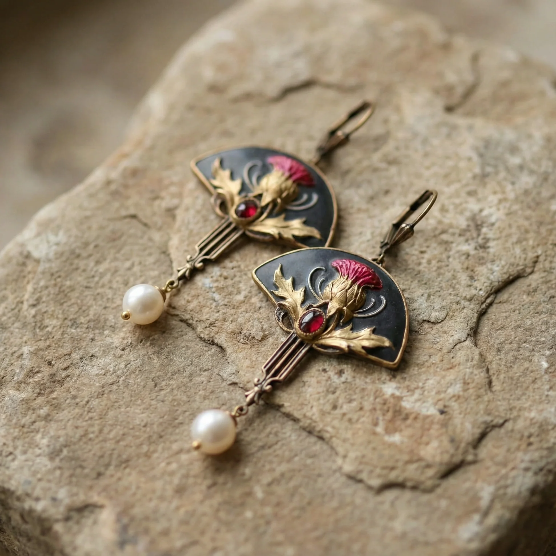 Boho Earrings with Pearls and Red Crystal