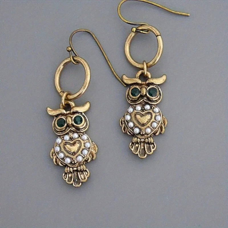 Vintage Antique Metal Carved Owl Pendant Earrings