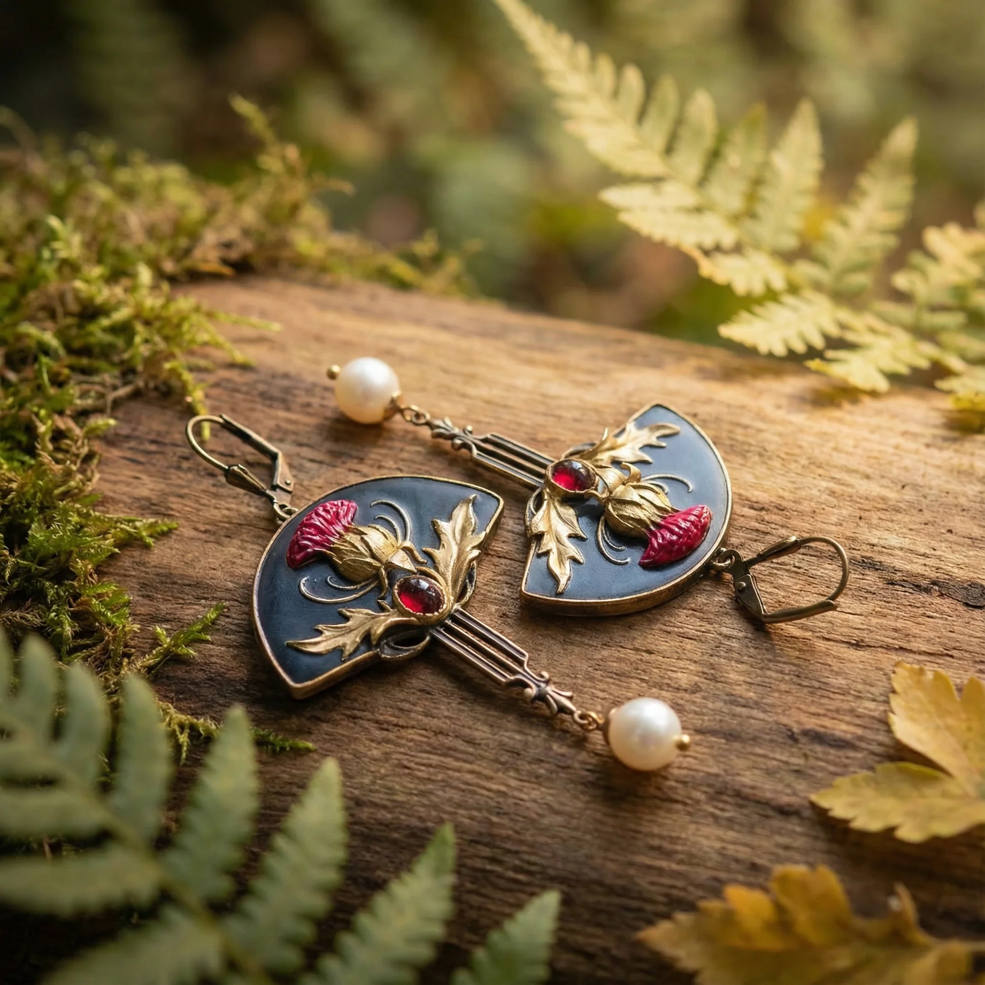 Boho Earrings with Pearls and Red Crystal