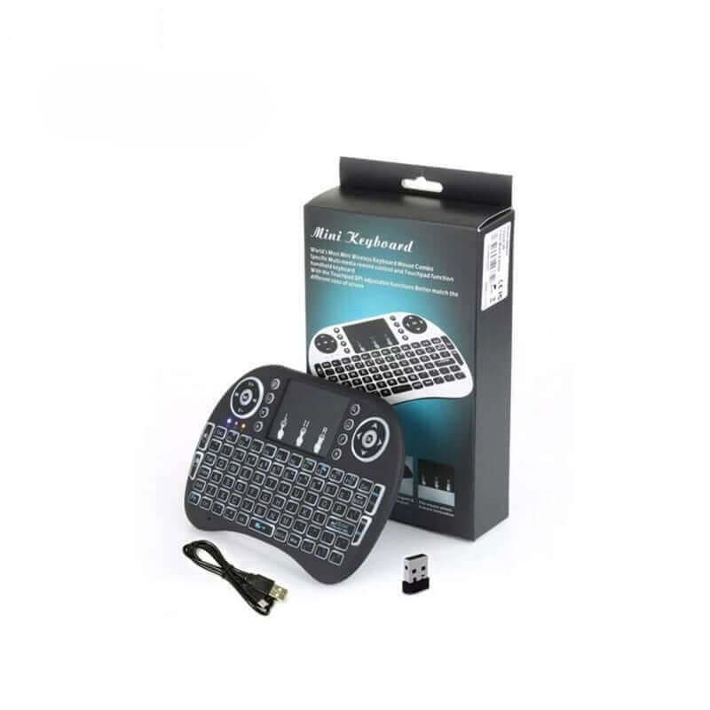 Mini i8 2.4GHz Wireless Backlit Keyboard with Touchpad – Ideal for Smart Android TV Boxes packaging and accessories.