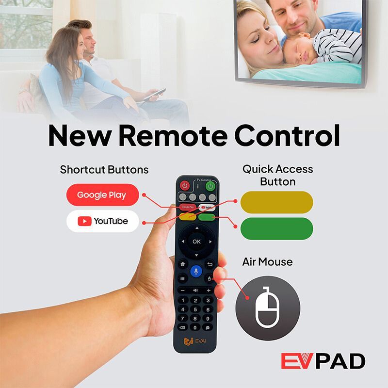 Front view of EVPAD TV Box remote control, showing all buttons clearly