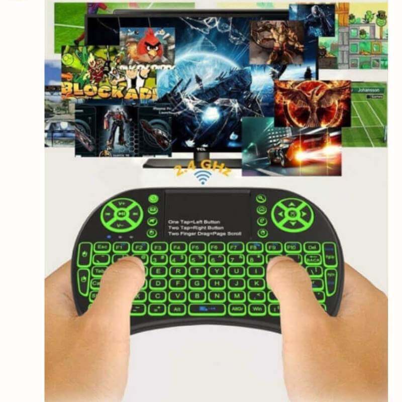 Mini i8 2.4GHz Wireless Backlit Keyboard with Touchpad – Ideal for Smart Android TV Boxes in use with TV.
