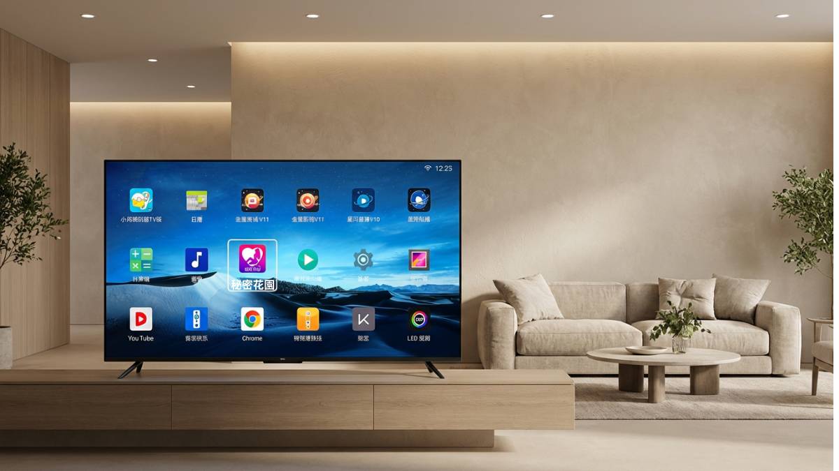 Android TV app list interface showing installed apps grid, one app highlighted as "Secret Garden", clean UI, modern TV system layout
