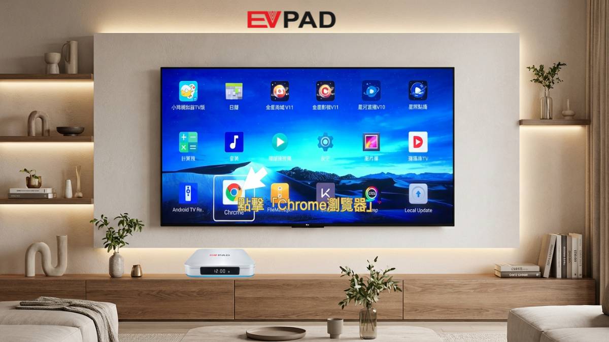 Android TV box home screen with app icons including Chrome and a browser app, dark theme UI, grid layout, TV interface, controlled by remote, realistic style