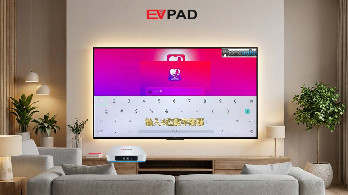 Android TV app lock screen showing password input interface, numeric keypad on screen, clean UI, focused on privacy access, realistic TV interface