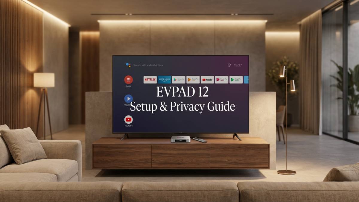 Step-by-step EVPAD 12 installation guide shown on a smart TV interface