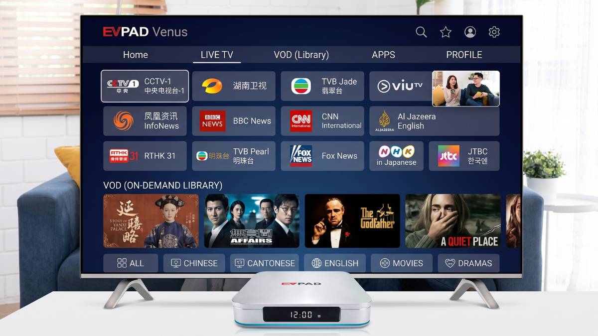 Asian family watching EVPAD 12P connected to 4K TV in living  room with Chinese TV channels playing