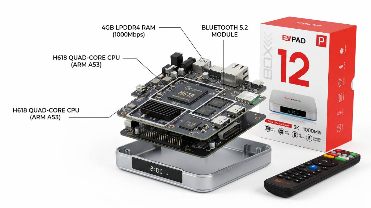 EVPAD 12P hardware specifications showing H618 processor,  WiFi 6, Gigabit LAN, and Bluetooth 5.2
