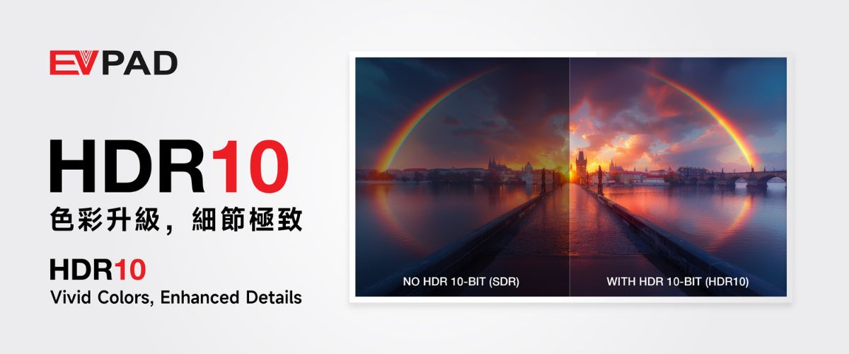 EVPAD 12P HDR10 — enhanced contrast and vivid colors for 8K content.