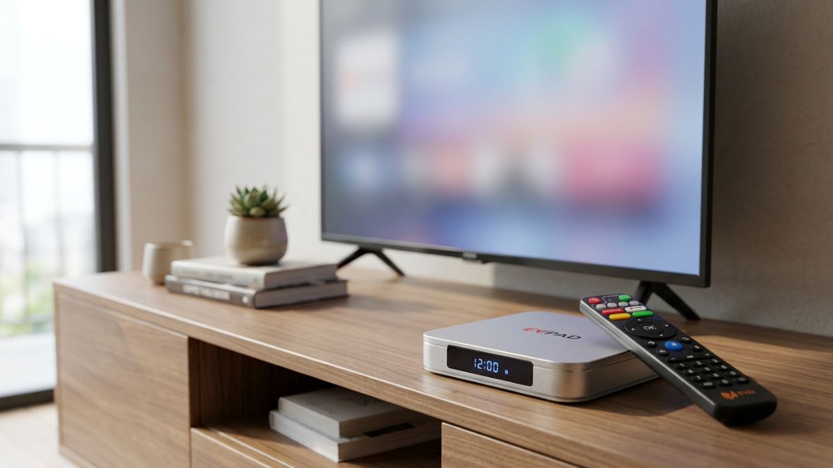 TV ボックスと香港のホームエンターテイメント用の EVPAD 12P セットアップリビングルームのテレビ台に置かれたリモコン