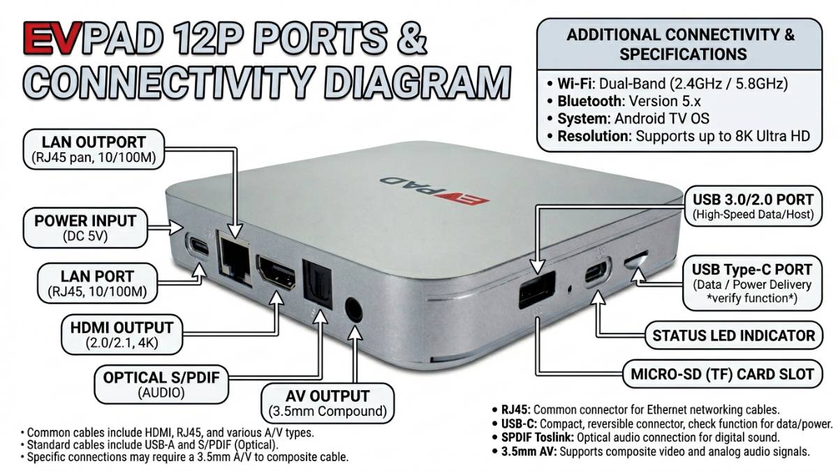 EVPAD 12P Ports Diagram: HDMI, LAN, USB, Type-C, and connectivity options