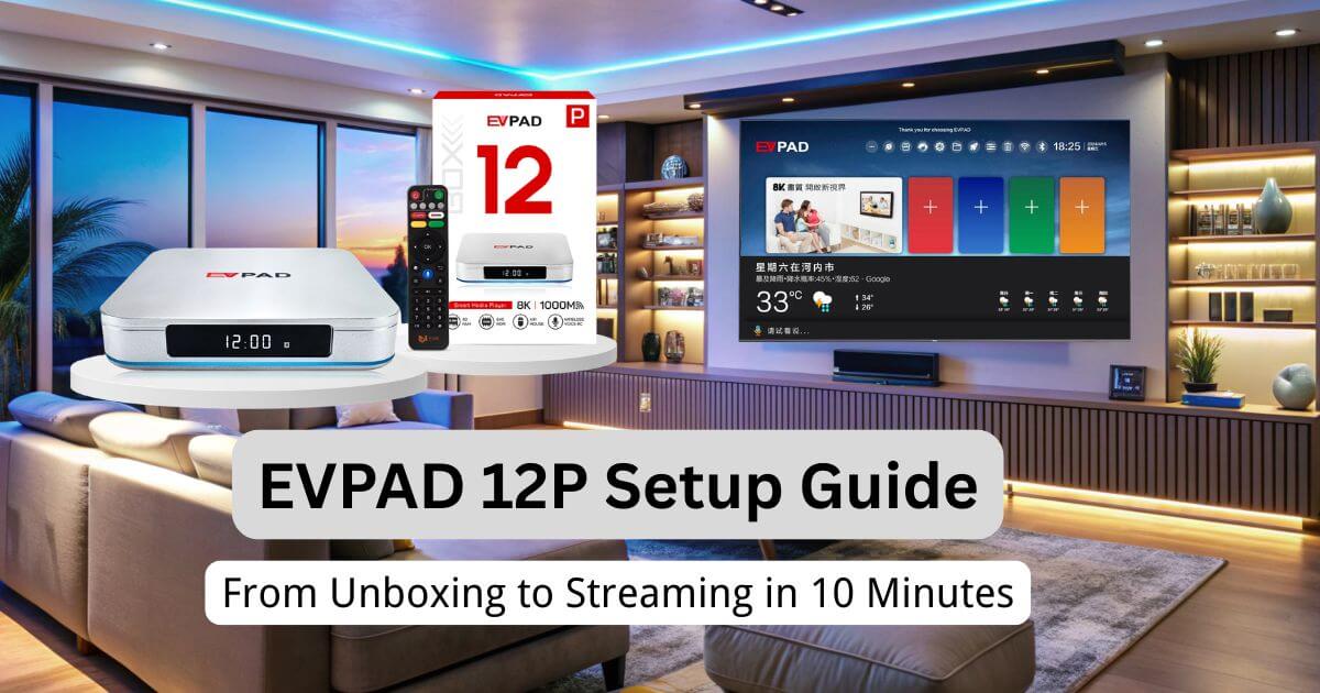 EVPAD 12P setup guide cover showing TV box remote and streaming interface