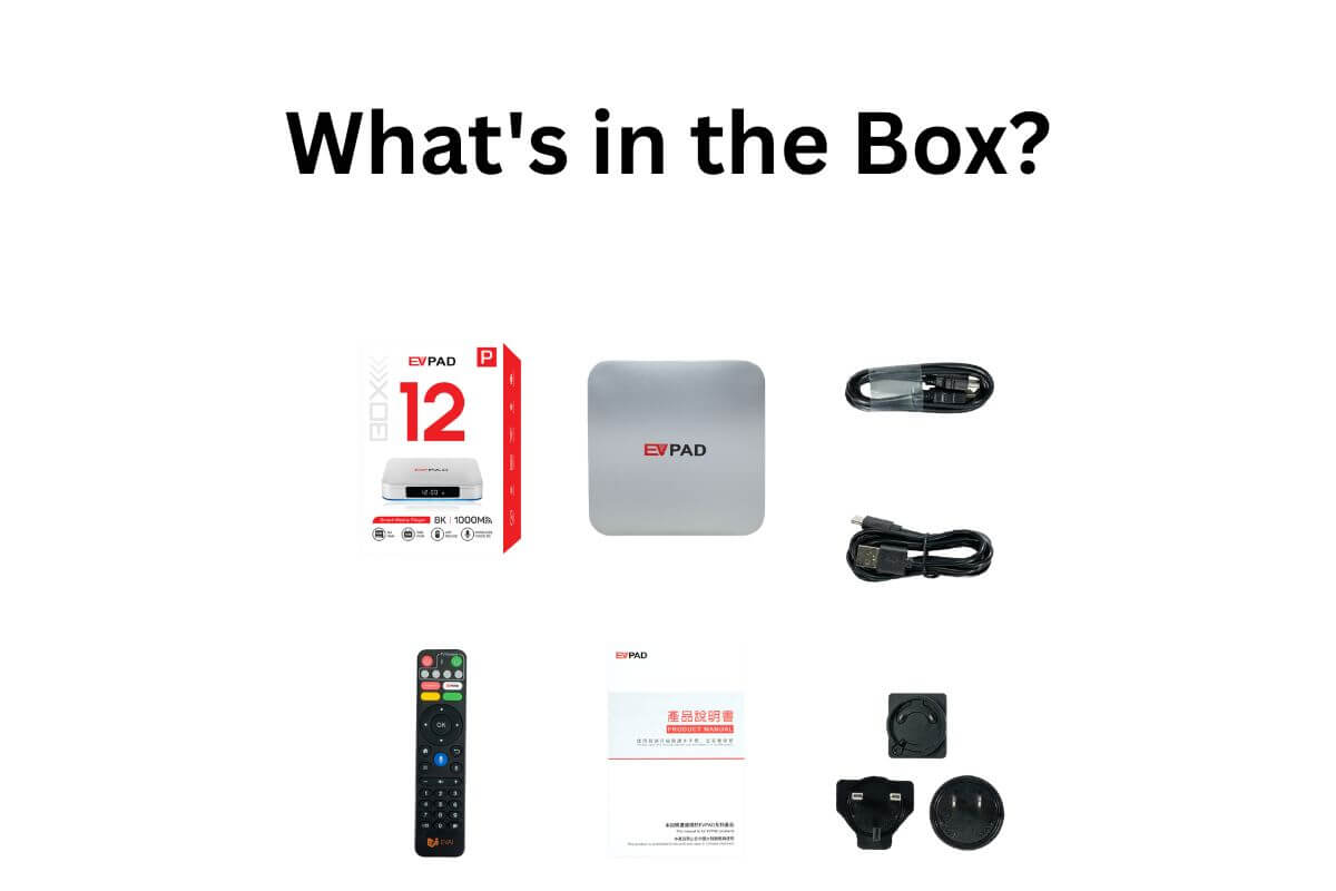 EVPAD 12P unboxing contents including TV box remote HDMI cable and power adapter
