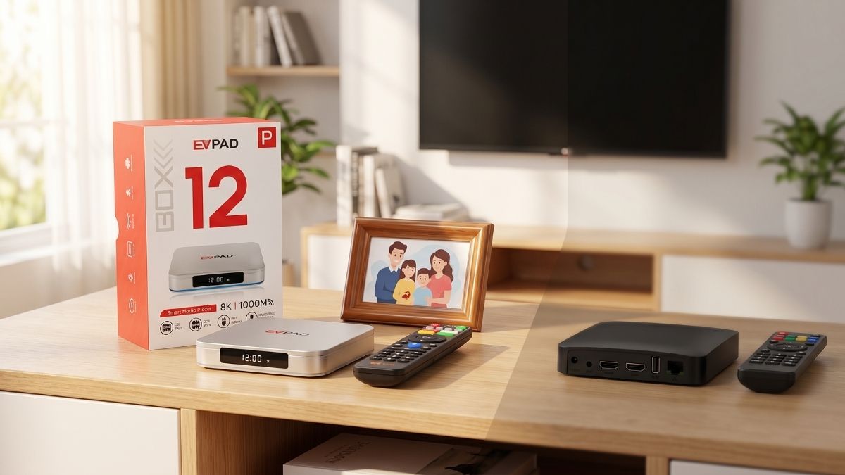 EVPAD TV box and regular Android TV box compared in a family living room