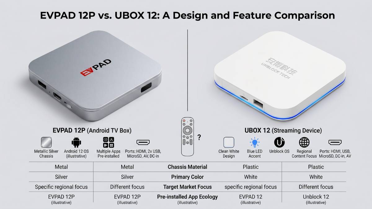 EVPAD 12P silver design Android TV box compared side by side 
with UBOX 12 streaming device