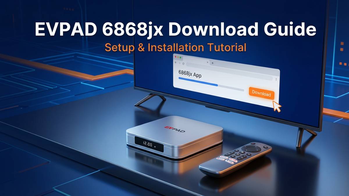 EVPAD 6868jx download guide cover showing TV box setup and installation tutorial