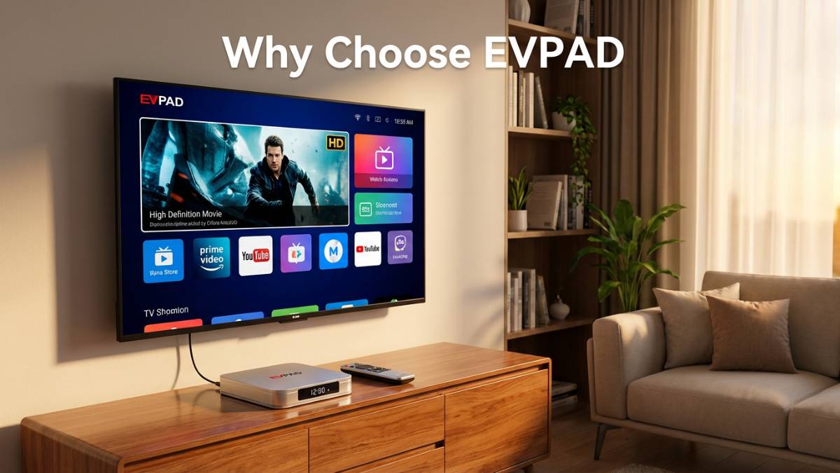 EVPAD Android TV Box home entertainment setup in living room