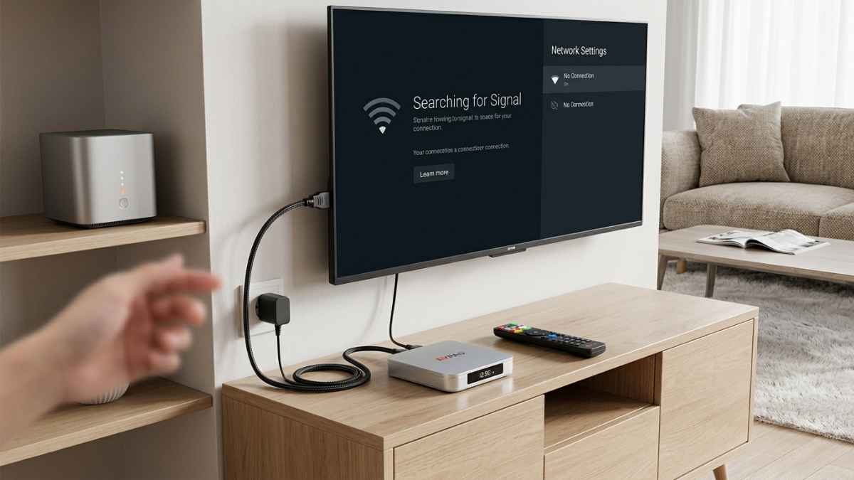 EVPAD TV box living room connection check for power HDMI and Wi-Fi