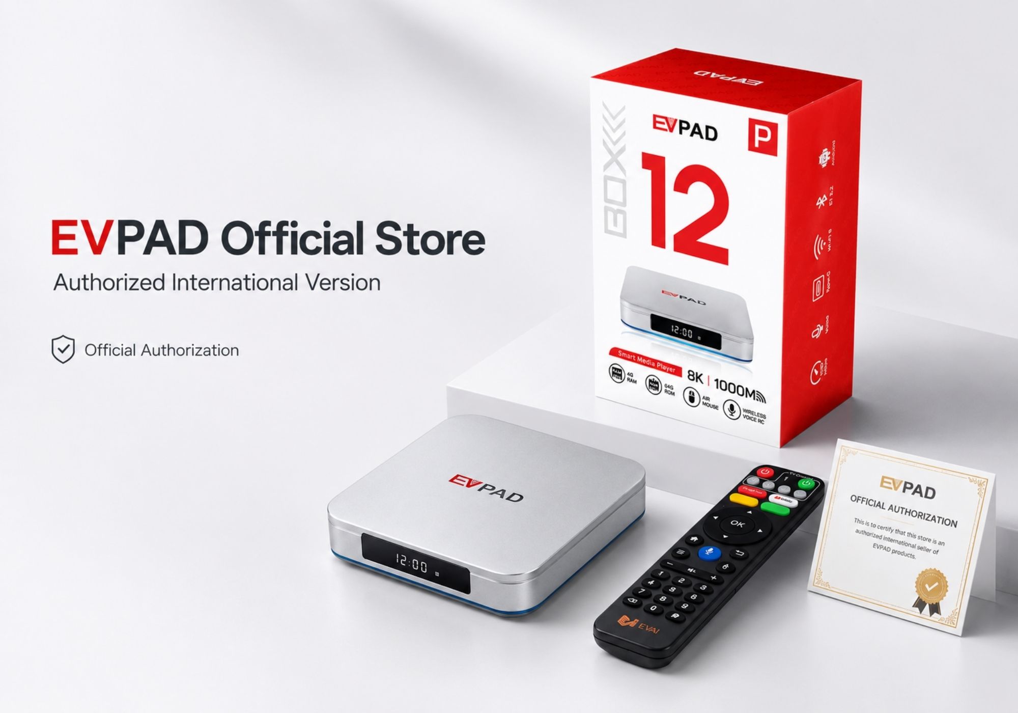 EVPAD 12P Android TV Box official feature banner showing 8K Ultra HD, 4GB RAM 64GB ROM, WiFi 6, and AI voice remote control with clean white ecommerce style design