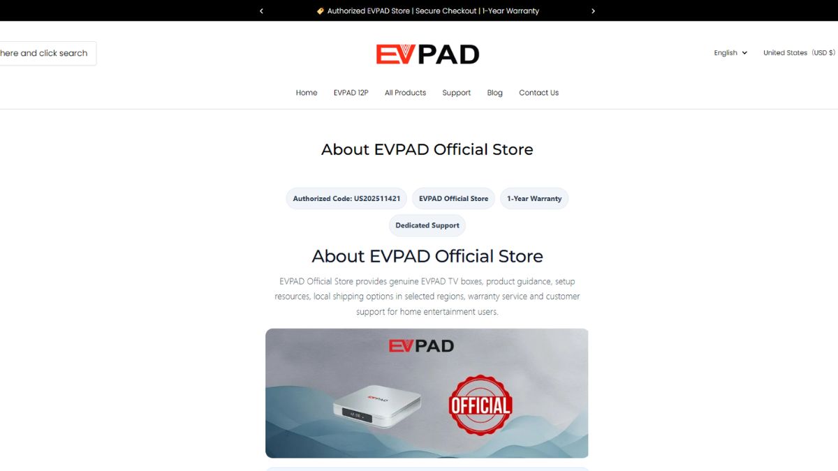 How to verify EVPAD store authorization code US202511421 through the About Us page