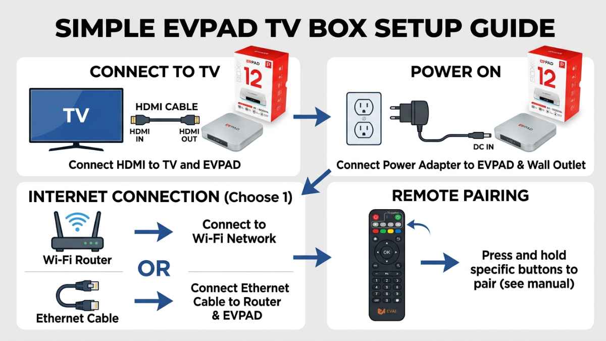 Simple EVPAD TV Box setup diagram with HDMI power and internet connection