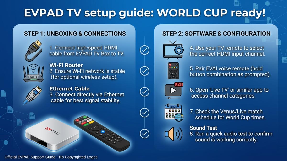 EVPAD TV setup checklist for watching World Cup 2026