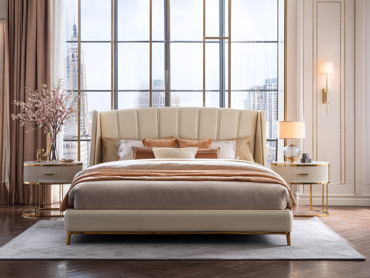 Camas dobles-piel-madera-metal-212x178x102 cm-beige-estilo moderno-Luxegetpad