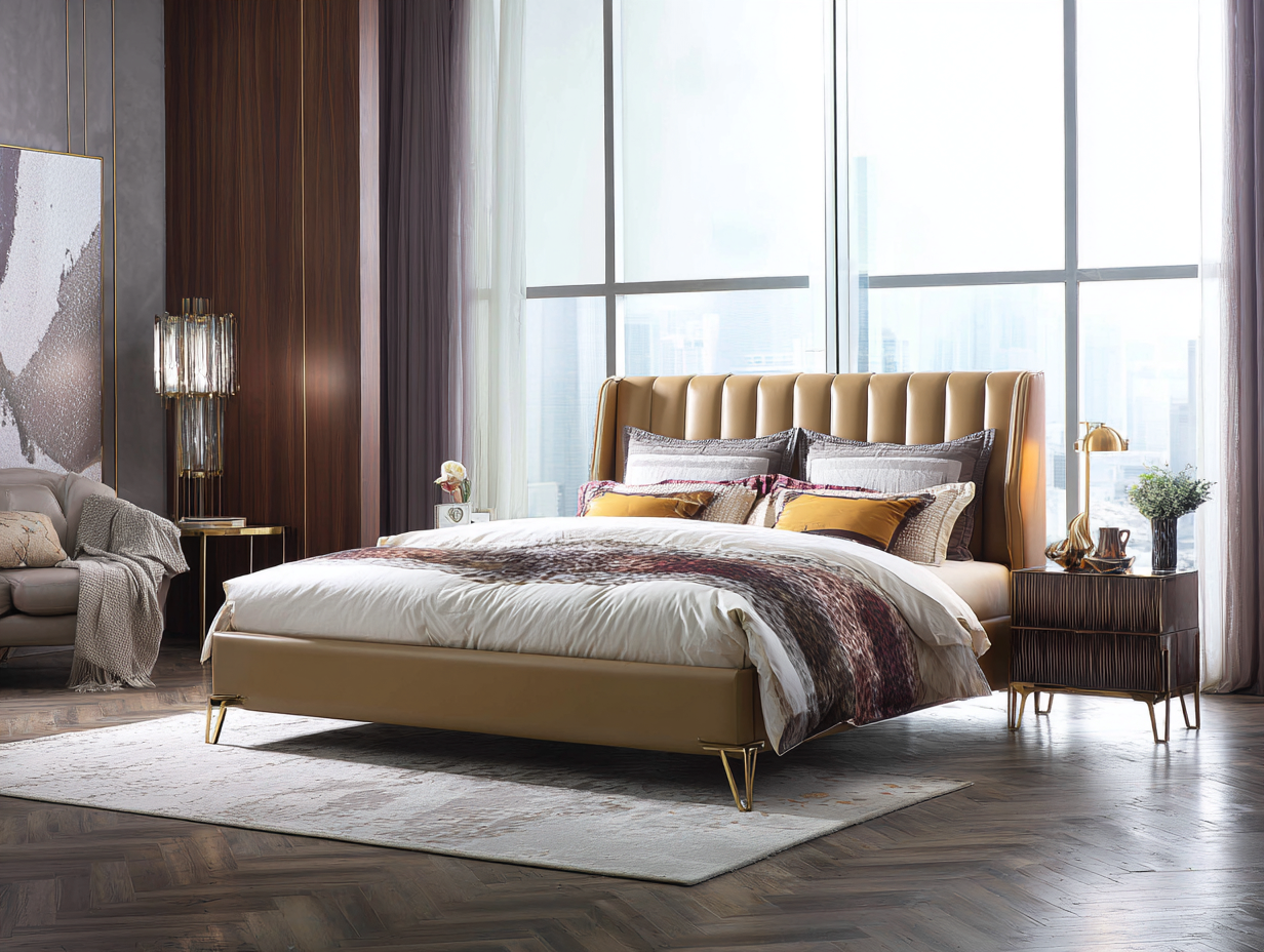 Camas dobles-piel-madera-metal-214x180x104 cm-beige-estilo moderno-Luxegetpad