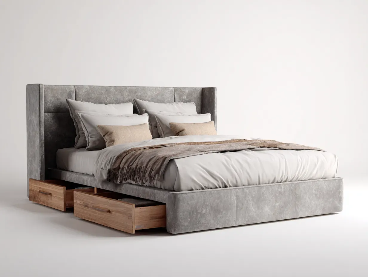 Lit double-tissu-bois-222x180x122 cm-Gris-style classique-Nookuphut