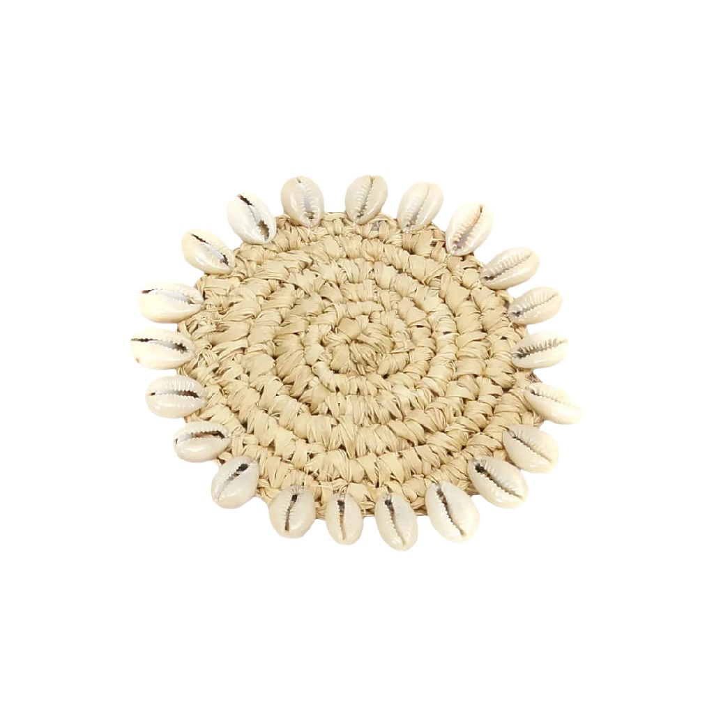 Posavasos redondo de fibra natural con conchas decorativas-brianpetty.shop