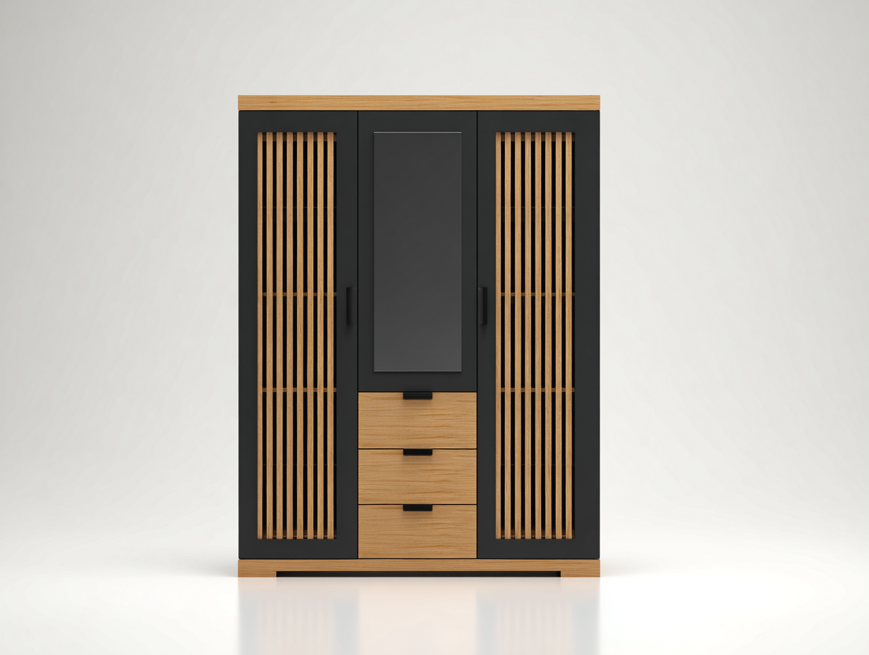 Wardrobe 140 × 58 × 200 cm – Black / Oak – Hinged Door Design