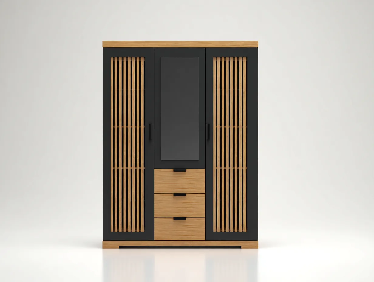 Wardrobe 140 × 58 × 200 cm – Black / Oak – Hinged Door Design
