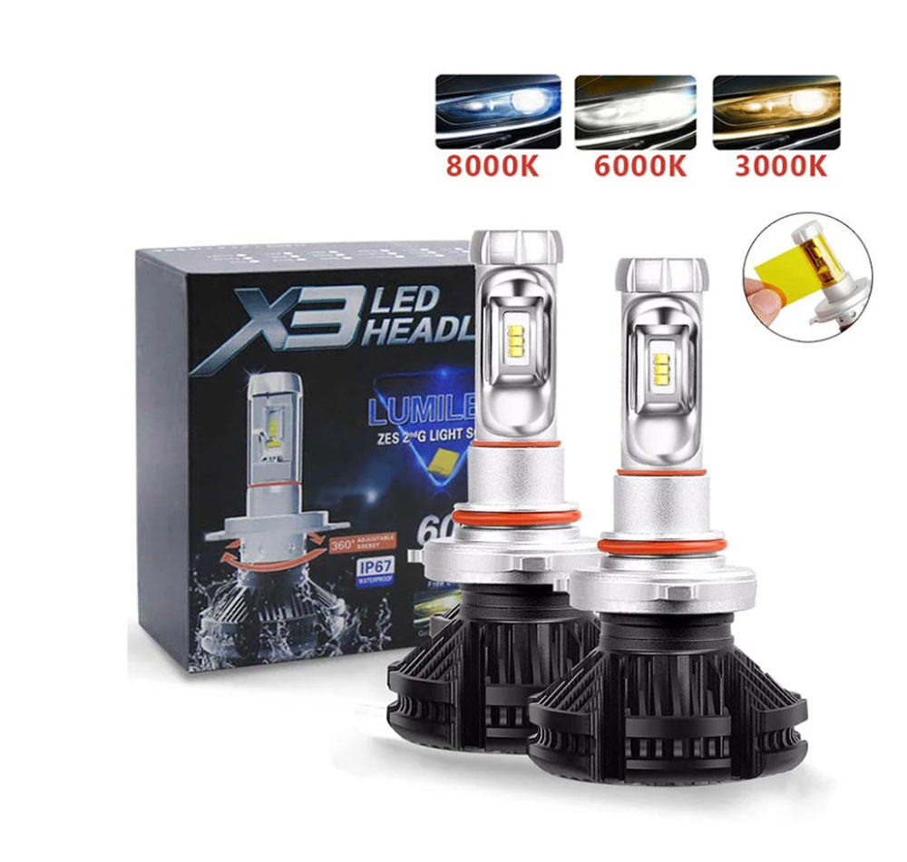 X3 DIY Multi-Color LED Headlight Bulb 22W 3400LM | 4-Color Temperature Films Included | Lumileds Luxeon ZES Chips | 360° Adjustable Beam | Aviation Aluminum 6063 (2-Pack)