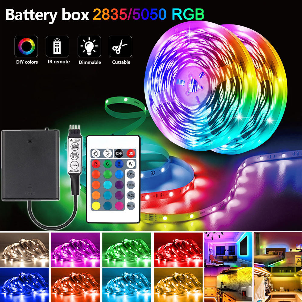 Battery Powered RGB LED Strip Lights 24 Key Remote 5V TV Backlight Interior Decor 2835 5050
