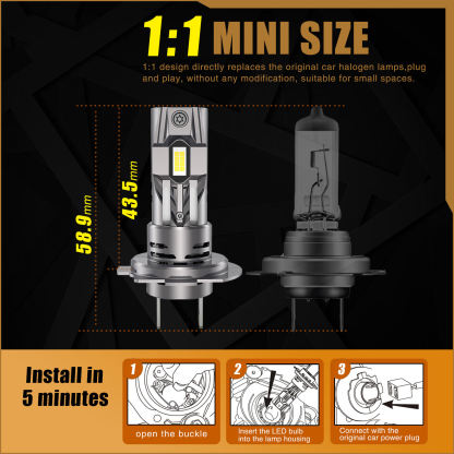 E4S H7 LED Headlight Bulb 27W 5200LM | 1:1 Halogen Size | Dual Ball Fan Cooling | Custom-made 7035 Chip | 6500K White | Universal Plug & Play (2-Pack)