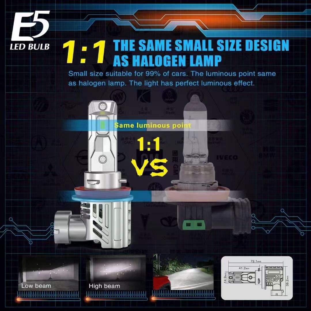 E5 High-Power LED Headlight Bulb 35W 6000LM | 1:1 Halogen Size | Liquid Cooling Copper Tube | Noiseless Fan | 6500K White | Universal Plug & Play (2-Pack)