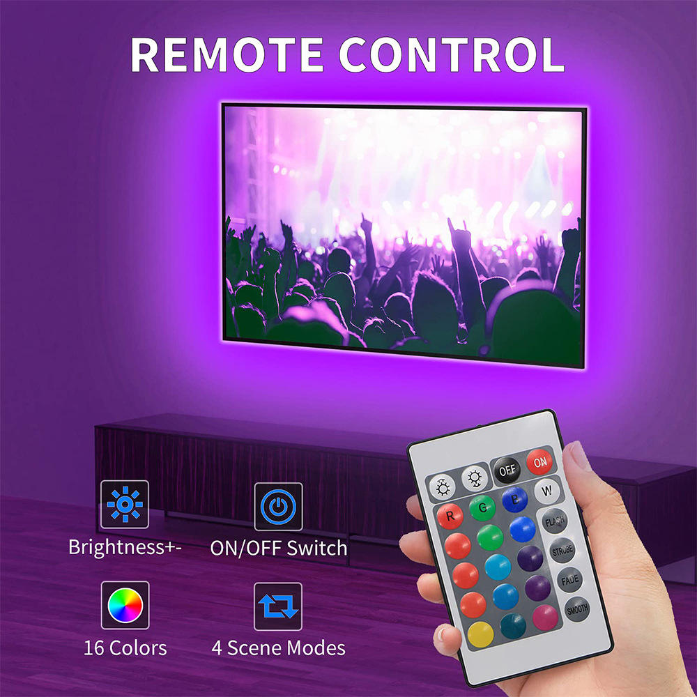 Battery Powered RGB LED Strip Lights 24 Key Remote 5V TV Backlight Interior Decor 2835 5050