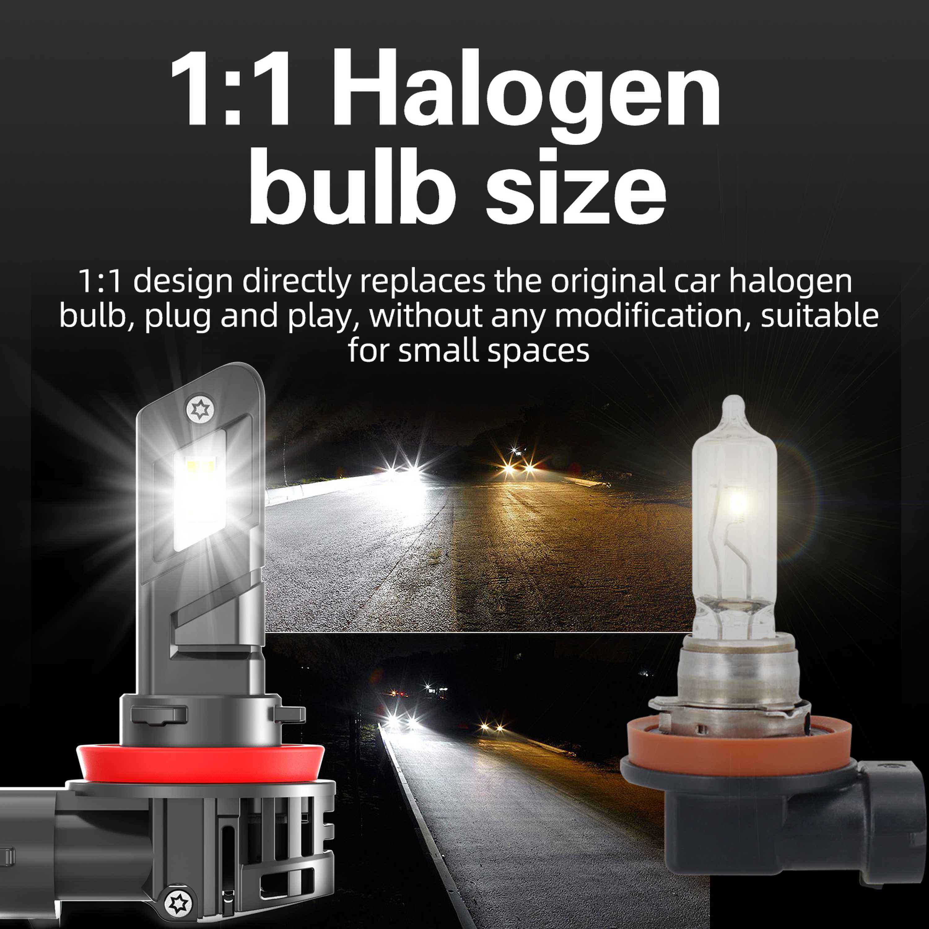 E4X 1:1 Halogen Size LED Headlight Bulb 26W 5600LM | 7535 High-Density Chip | 6500K White | Universal H1 H7 H11 H15 9005 9006 9012 (2-Pack)