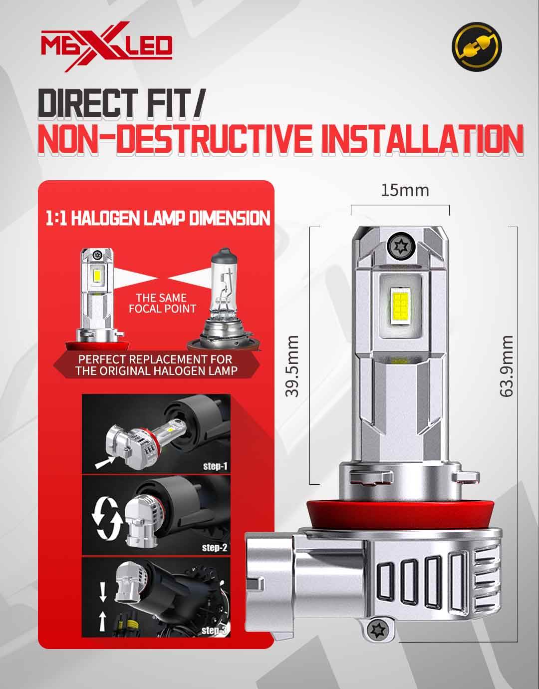 M6X Fanless LED Headlight Bulb 21W 5000LM | 1:1 Halogen Size | Custom-made 5530 Chip | Pure Copper PCB | Universal H1 H4 H7 H11 9005 9012 (2-Pack)