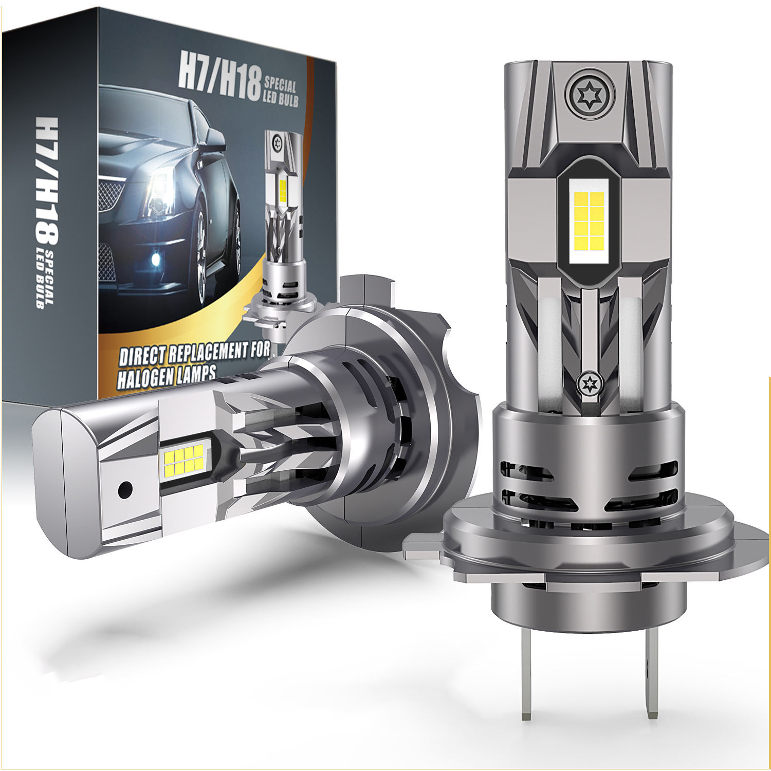 E4S H7 LED Headlight Bulb 27W 5200LM | 1:1 Halogen Size | Dual Ball Fan Cooling | Custom-made 7035 Chip | 6500K White | Universal Plug & Play (2-Pack)