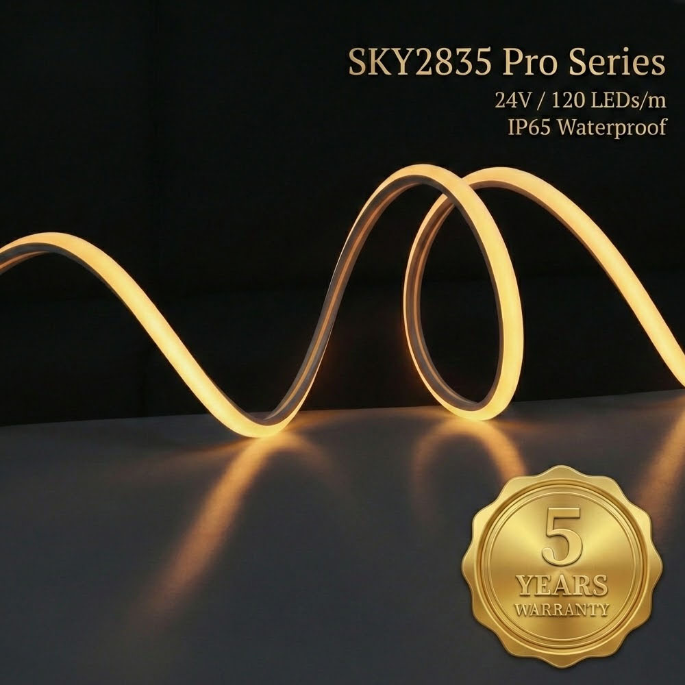 eaPeak SKY2835 Ultra-Narrow LED Neon Strip - 24V 120LEDs/m IP65 Waterproof, Premium Non-Yellowing Silicone, Double-Sided Copper PCB, 5-Year Warranty (Cool/Warm/Neutral White)