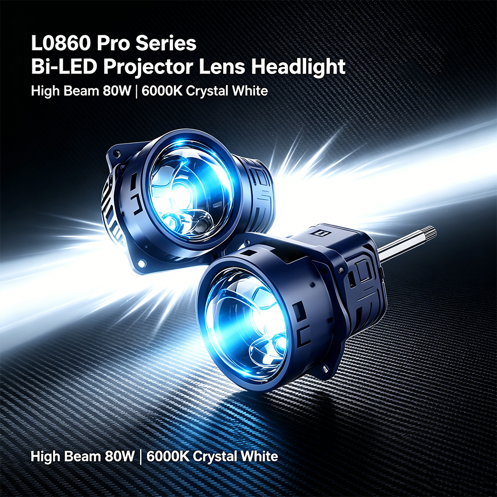 SeaPeak L0860 Bi-LED Projector Lens Headlight Bulbs - 80W High Beam Super Bright Automotive LED Lights, 6063 Aviation Aluminum Dual Chip 7035 5050 Upgrade Kit for 12V 24V Vehicles