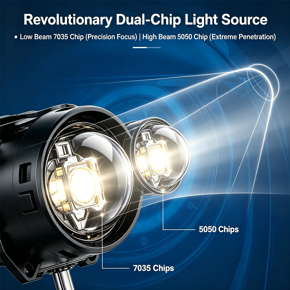 SeaPeak L0160 Bi-LED Projector Lens Headlight Bulbs - 80W High Beam Super Bright Automotive LED Lights, 6000K Dual Chip 7035 5050 Upgrade Kit for 12V 24V Vehicles