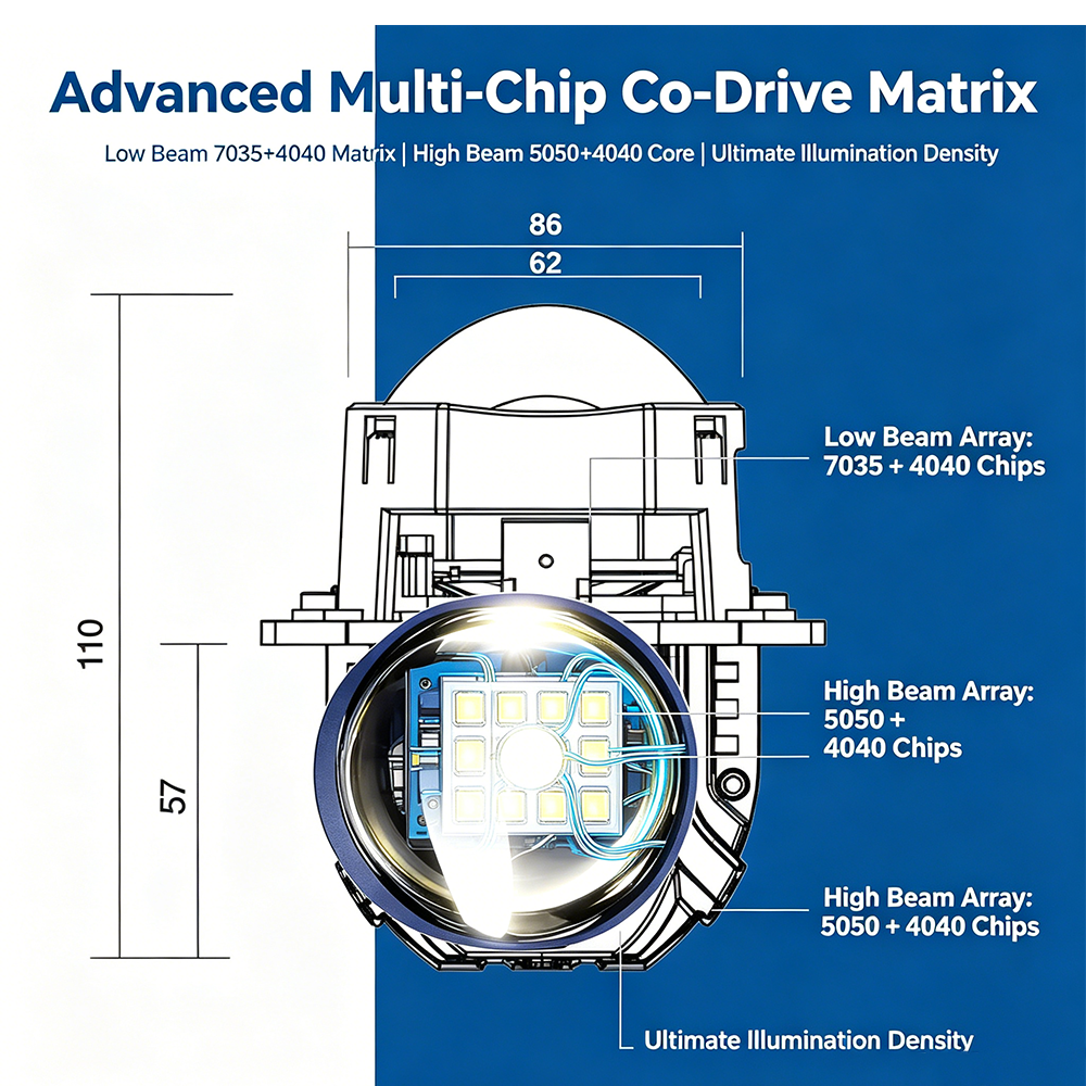 SeaPeak L01060 Bi-LED Projector Lens Headlight Bulbs - 5300K All-Weather Warm White Automotive LED Light Bulb, Dual Chip 7035 5050 4040 Multi-Chip Co-Drive Conversion Kit for 12V 24V Trucks & Cars