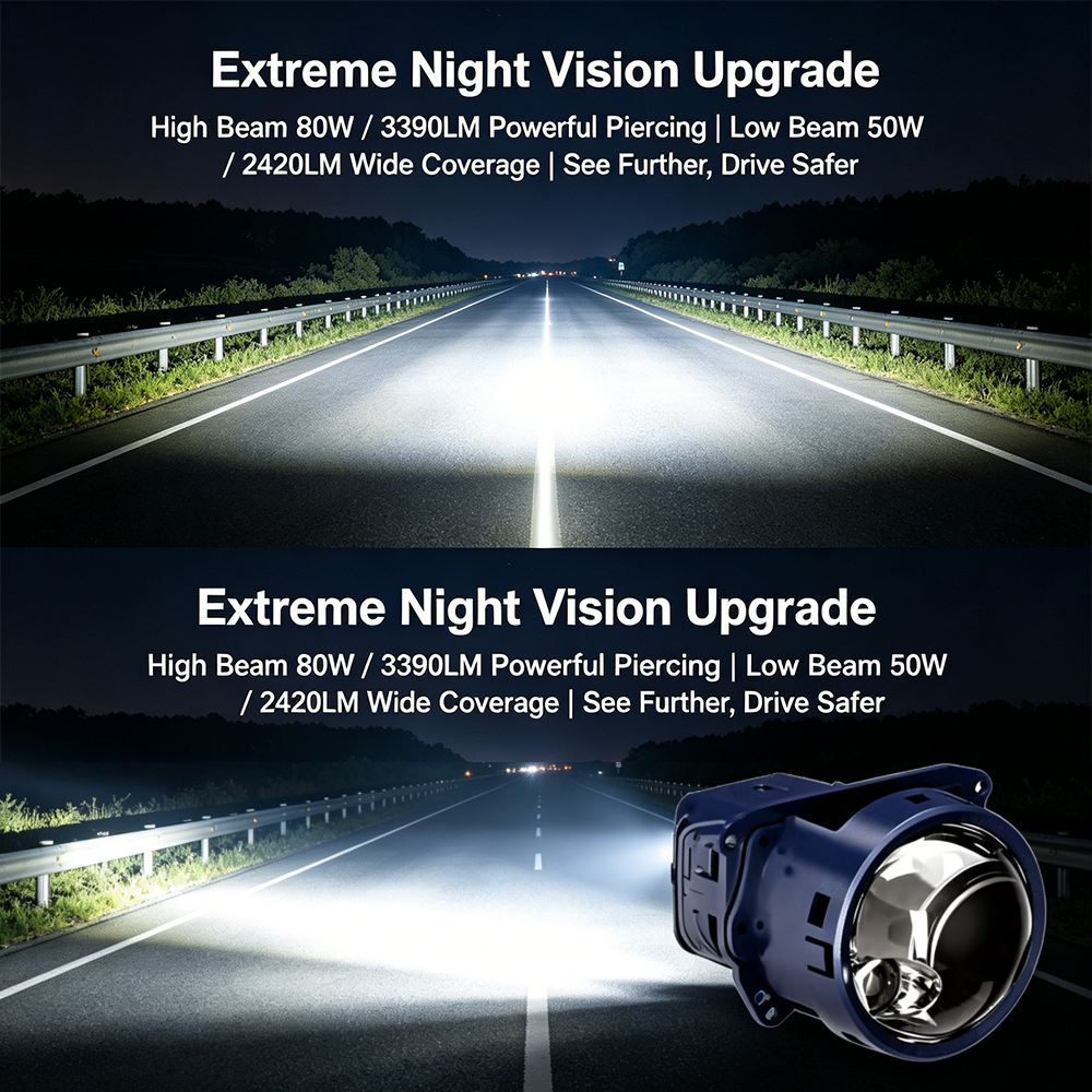 SeaPeak L0860 Bi-LED Projector Lens Headlight Bulbs - 80W High Beam Super Bright Automotive LED Lights, 6063 Aviation Aluminum Dual Chip 7035 5050 Upgrade Kit for 12V 24V Vehicles